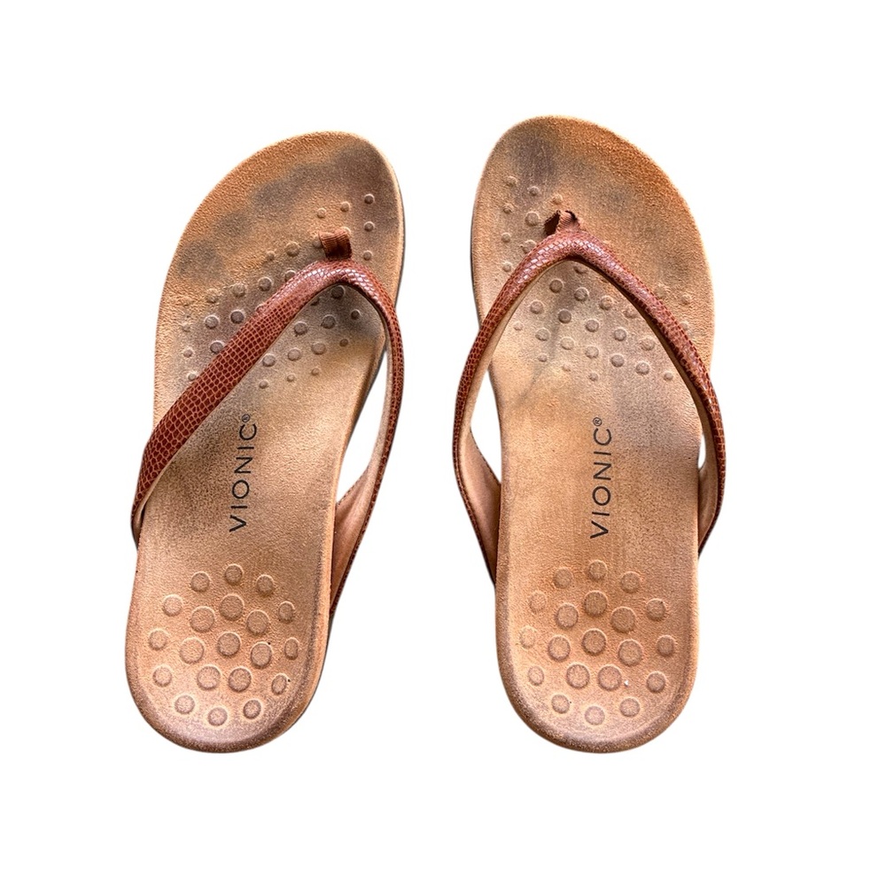Vionic Dillon Thong Slide Comfort Design Sandals Arch Support Brown Leather 9.5
